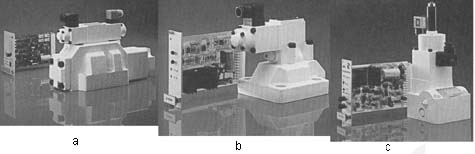 Fig. 2: (a) A directional-control valve & amplifier. (b) A pressure-relief valve & amplifier. (c) A flow-control valve & amplifier. 