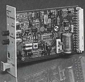 Amplifier card for proportional valve. This card slides into a card cage & receives an input signal (0-9 volts dc) from a PLC (programmable logic controller) & sends an output signal (0-6 volts dc) to a proportional valve.