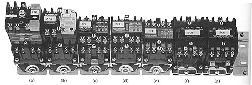 Various types of relays available for industrial applications. (a) Add-on solid-state time-delay relay. (b) Add-on pneumatic time-delay relay. (c) AC latching relay. (d) AC standard relay. (e) AC standard relay. (f) Electrically held relay. (g) Magnetic latching relay with sealed contacts.