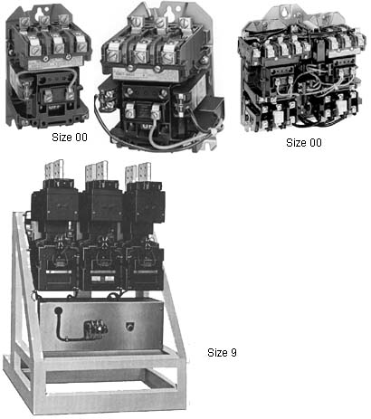 Examples of NEMA rated contactors. The size 00 is approximately 4 inches tall & the size 9 is approximately 4 feet tall.