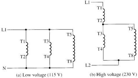 Fig. 1: (a) Diagram for single-phase motor wired for 115 volts (low voltage). (b) Diagram for single-phase motor wired for 230 volts (high voltage). 