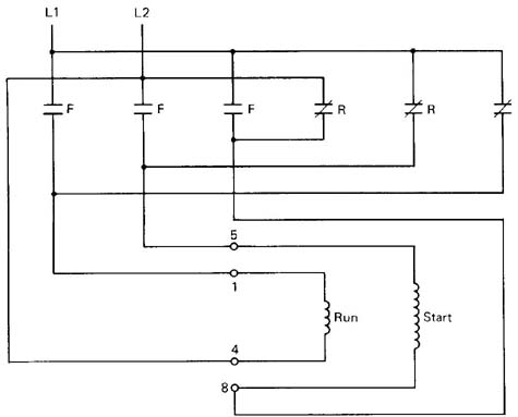 Diagram of a split-phase motor connected to a forward & reversing motor starter. The run winding (T1-T4) remains connected the same way in both forward & reverse operation. The start winding (T5-T8) gets reversed to make the motor run in the opposite direction. 