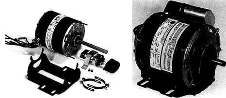 Examples of permanent split-capacitor (PSC) motors. Notice the run capacitor mounted on the second motor.