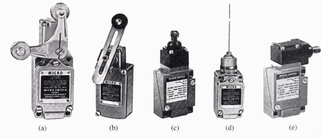 (a) Fork lever roller yoke limit switch. (b) Roller arm limit switch. (c) Top roller limit switch. (d) Wobble lever actuated cat whisker limit switch. (e) Side roller limit switch. 