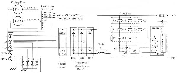 Electronic diagram of the power supply for a variable-frequency drive. 