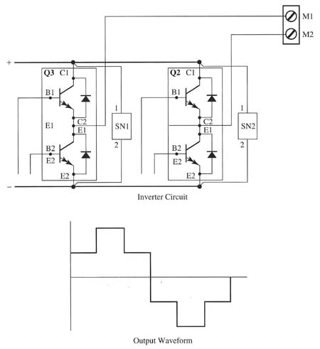 Fig. 2 Electronic diagram of a transistor inverter with the output waveforms for the ac voltage.