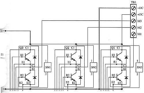 Electrical diagram of a three-phase inverter that uses six transistors.