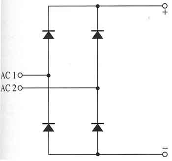 Electronic schematic of the four-diode bridge where the diodes are shown in a box formation rather than a diamond. The circuit function is exactly like the bridge shown in Fig. 2.