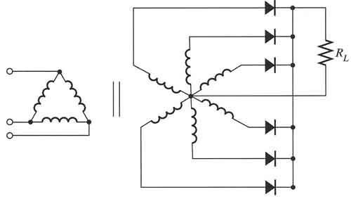 Electronic schematic of a six-phase star rectifier circuit. This rectifier circuit utilizes a secondary transformer winding that has all six windings connected at a center tap.