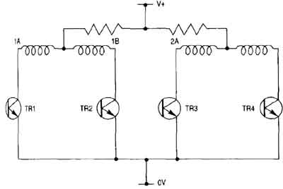 A unipolar drive amplifier circuit. The transistors act as the switches to provide the power drive current waveforms for the motor. 